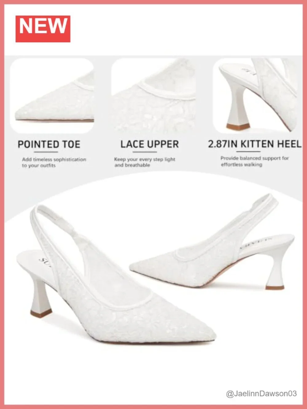 Lace Bridal Wedding Heels for Women Mesh Pointed Toe Slingback Kitten Heel